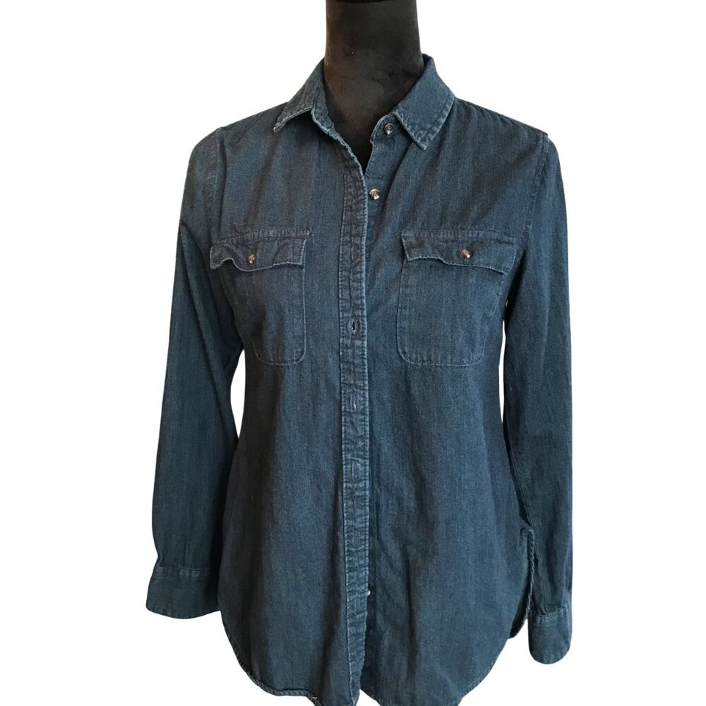 Long-Sleeved Chambray Denim Shirt Button Tab Pockets Dark Blue A New Day Small